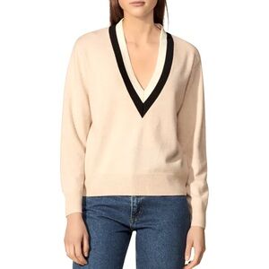 Sandro Beige and Black V-Neck Wool Sweater
